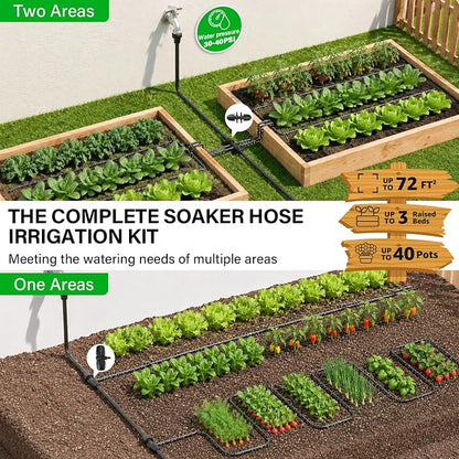 MIXC Drip Irrigation System with 100FT 1/4" Soaker Hose - 80% Water Savings, Weeping Tech for Deeper Root Watering, Garden Kit with 10FT 1/2" Tubing for Raised Beds, Vegetables, Lawn, Greenhouse