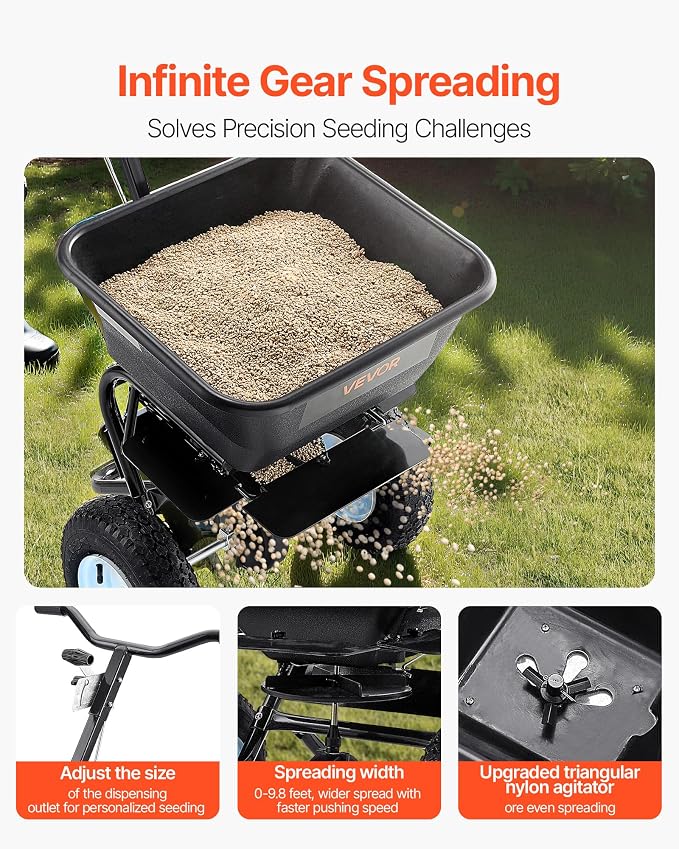 VEVOR Broadcast Spreader, 100LBS Capacity, Walk-Behind Push Spreader, 0-9.8ft Spreading Width, 13 in All Terrain Pneumatic Tires, Fertilizer Spreaders with Hopper Grate, for Seed Salt Ice Melt