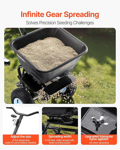 VEVOR Broadcast Spreader, 100LBS Capacity, Walk-Behind Push Spreader, 0-9.8ft Spreading Width, 13 in All Terrain Pneumatic Tires, Fertilizer Spreaders with Hopper Grate, for Seed Salt Ice Melt