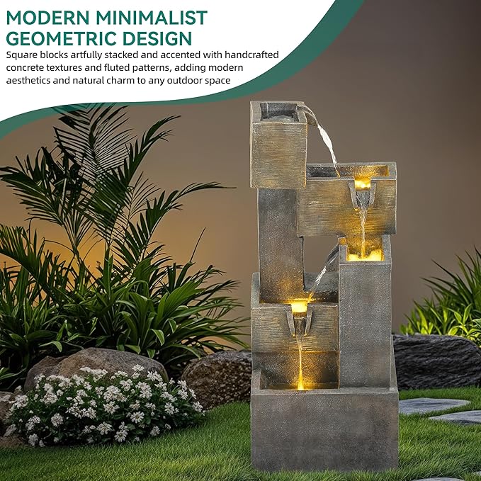 AUTODAYA 32.5" 5-Tier Stacked Blocks Fountains LED Cascading Waterfall | outdoor modern concrete texture, garden patio deck backyard,Porch or Home Décor