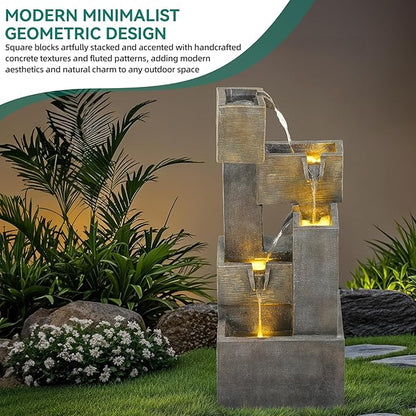 AUTODAYA 32.5" 5-Tier Stacked Blocks Fountains LED Cascading Waterfall | outdoor modern concrete texture, garden patio deck backyard,Porch or Home Décor