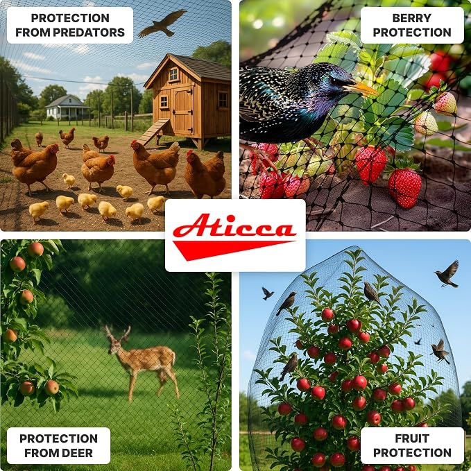 ATICCA Heavy Duty Bird Netting for Garden Protection & Fruit Trees, 25x25 Ft with 10 Stakes – Black Anti-Bird Net for Poultry, Deer, & Squirrel Protection, Durable Mesh for Garden and Yard Use