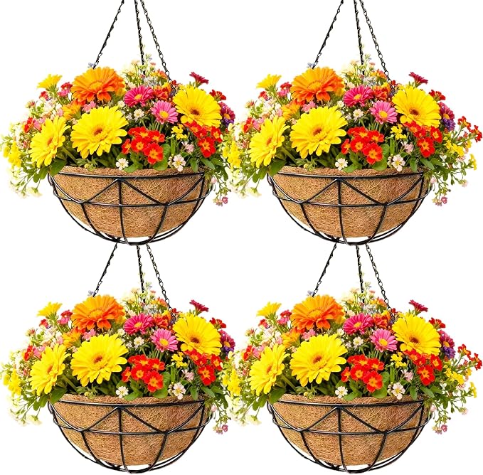4 Pack 12 Inch Black Metal Hanging Basket Hanging Planter with Coco Coir Liner Heavy Duty Hanging Flower Pot Holder for Indoor Outdoor Patio Garden Porch Balcony Decor (Geometric)