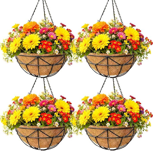 4 Pack 12 Inch Black Metal Hanging Basket Hanging Planter with Coco Coir Liner Heavy Duty Hanging Flower Pot Holder for Indoor Outdoor Patio Garden Porch Balcony Decor (Geometric)