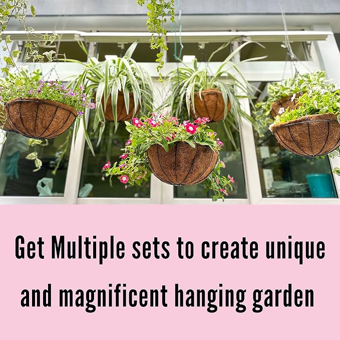 LaLaGreen Hanging Baskets for Plants (3 Pack, 10 Inch) Hanging Planter Outdoor with Coco Liner, Metal Wire Flower Basket Pots Holder Hanger Hook Deck Patio Porch Garden Balcony Outside Decoration