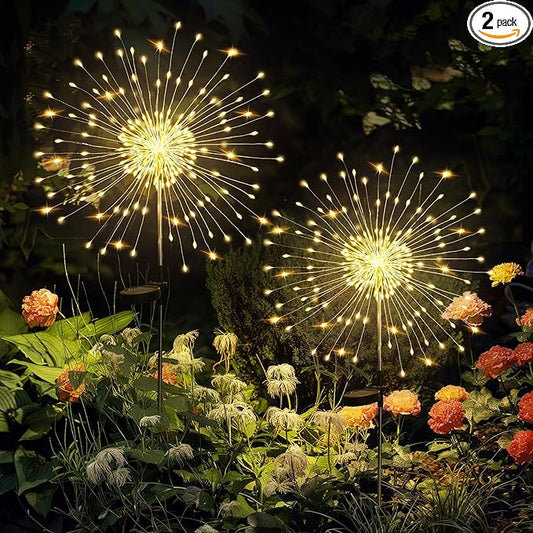GIGALUMI Garden Decor Outdoor Lights 120LED 2Pack, Solar Garden Lights Outside Fairy Firework Decorative,Solar Powered for Yard Pathway Flowerbed Planter Balcony, Gifts for mom(Warm White