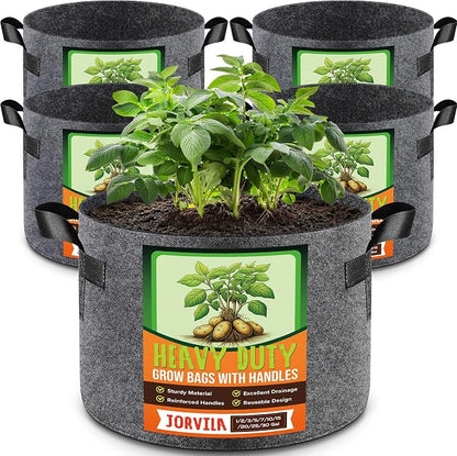 Jorvila 5 Pack 10 Gallon Grow Bags, Thickened Nonwoven Fabric Planter Pots with Handles, Heavy Duty 300G Garden Pots for Tomato, Potato and Vegetable