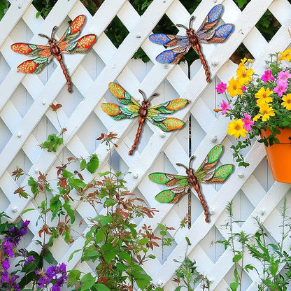 Metal Dragonfly Wall Decor 3D Colorful Outdoor Fence Wall Art Decor Hanging Decoration for Your Garden Yard Patio Balcony