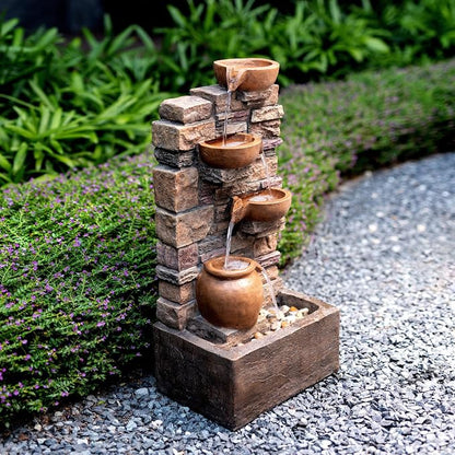 Teamson Home 28.5" Outdoor 4-Tier Stacked Stone Cascading Water Fountain with LED Lights, Brown | Cascading Water, LED Lights