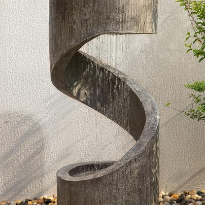 Glitzhome Outdoor Water Fountain with LED Light, Modern Spiral Tiered Outdoor Fountain with Stone Planter, Curved Freestanding Waterfall Fountains for Garden Patio Deck Porch, 40”H