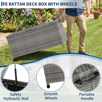 185 Gallon Outdoor Wicker Deck Box, All-Weather Waterproof Patio Storage with PE Rattan Finish & Steel Frame, for Cushions, Garden Tools, Pool Supplies, Lockable Brown Storage Box with Soft-Close Lid
