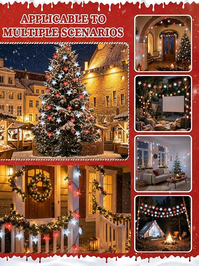 Twinkle Solar Star String Lights Red White Outdoor 39FT /100 L Fairy Lights | 8 Modes Camping Garden Wedding Party Tree Holidays Backyard Patio