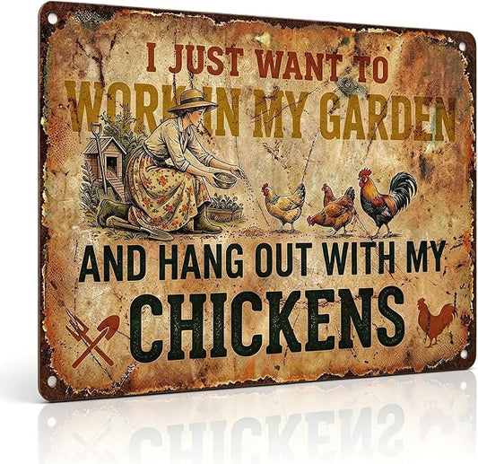 Funny Garden Metal Signs, Vintage Outdoor Wall Decor 12x8 Inch | Work in My Garden With Chickens, Weatherproof Aluminum Sign for Patio Yard Greenhouse, Gift For Gardeners