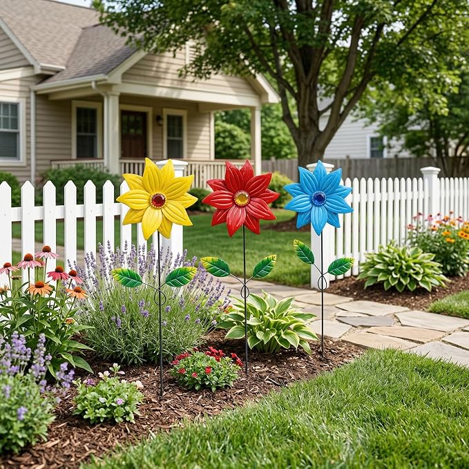 3-Pack Metal Flower Garden Stakes, 16 Inch Weatherproof Floral Yard Art, Vibrant Yellow Red Blue Outdoor Decor for Patio, Lawn & Planter