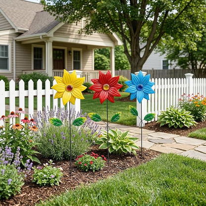 3-Pack Metal Flower Garden Stakes, 16 Inch Weatherproof Floral Yard Art, Vibrant Yellow Red Blue Outdoor Decor for Patio, Lawn & Planter
