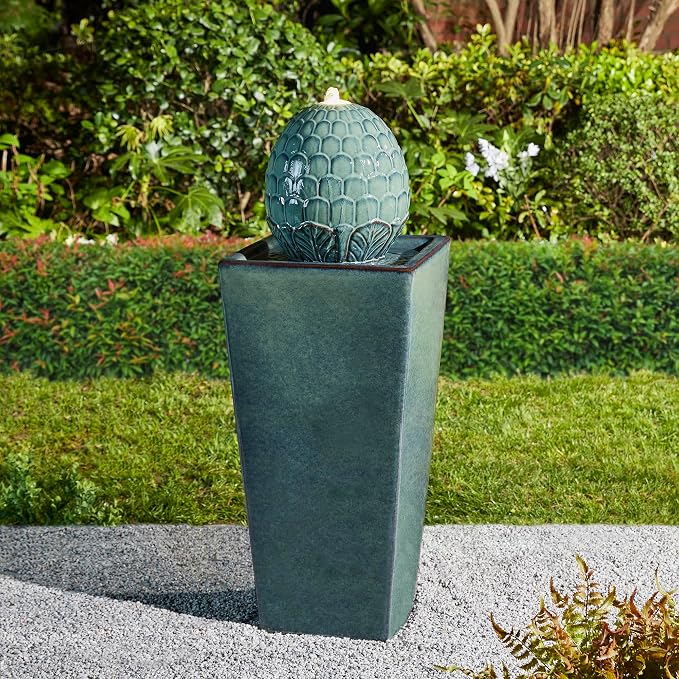 Glitzhome 35.75" H Tall Ceramic Outdoor Water Fountain with LED Light Oversized Artichoke Pedestal Fountains with Submersible Pump Patio Fountain Waterfall for Garden Patio Deck Porch, Turquoise