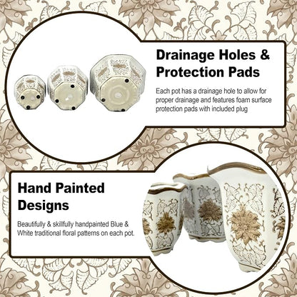 Galt International Brown & White Floral Porcelain Ceramic Decorative Flower Pot 8"/6"/4.5" Garden Pots Chinese Asian Design - Set of 3 Brown & White Fluted