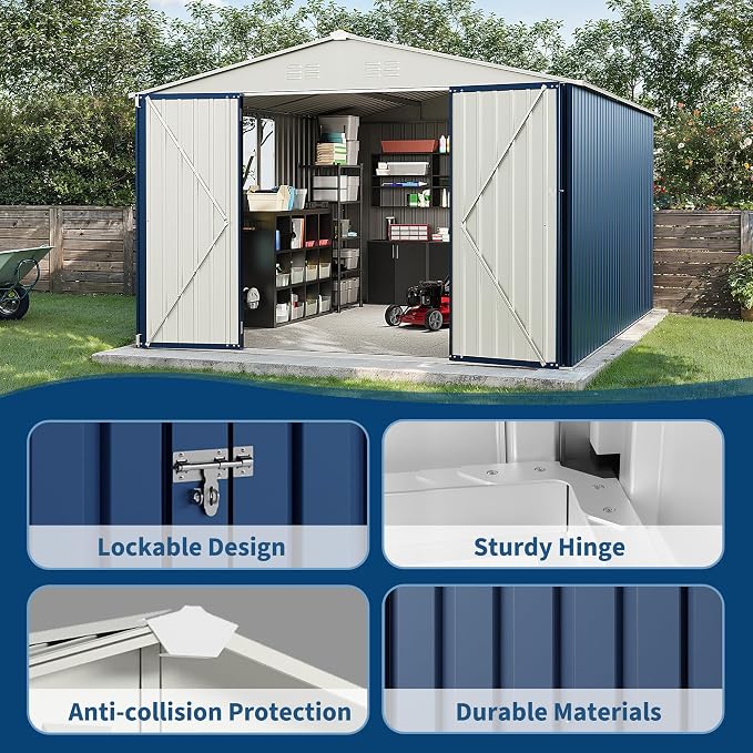 Garvee 10x12 FT Metal Storage Shed – Lockable Doors, Floor Frame, Blue | Spacious 10x12 interior – stores bikes, tools, and more.