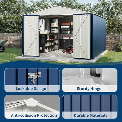 Garvee 10x12 FT Metal Storage Shed – Lockable Doors, Floor Frame, Blue | Spacious 10x12 interior – stores bikes, tools, and more.