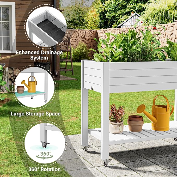 Elevate 33.7" Tall Raised Garden Bed with Wheels, Divisible Resin Planter Box with Drainage Gauge & Storage Shelf, Herb Planter for Garden Patio Backyard, Ashen (33.7" h)