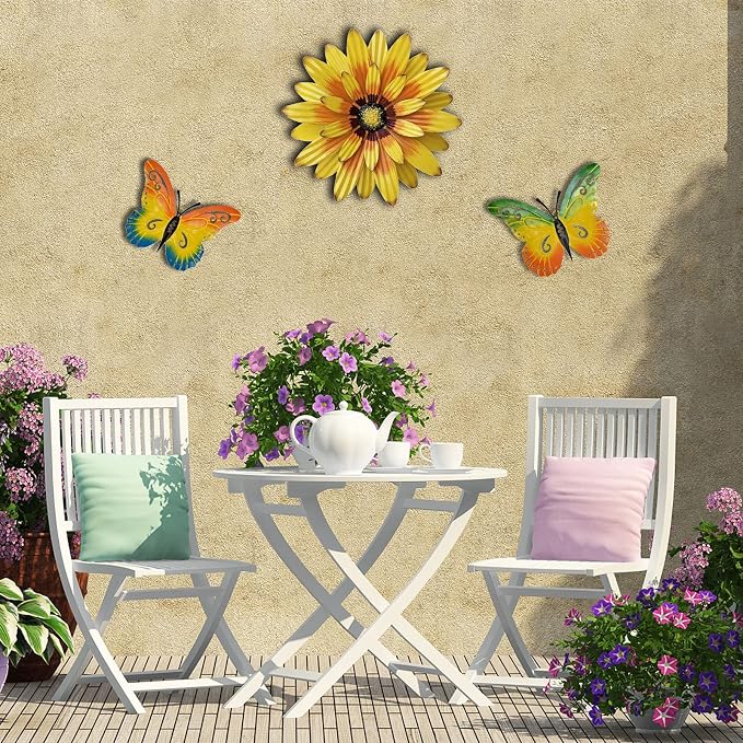 Meduofon Metal Flowers Wall Decor and Butterfly Wall Art, 3 Pack Metal Outdoor Wall Art Decor, Fence Art Wall Sculptures for Indoor Outside Garden Patio Decorations (Yellow&Green)