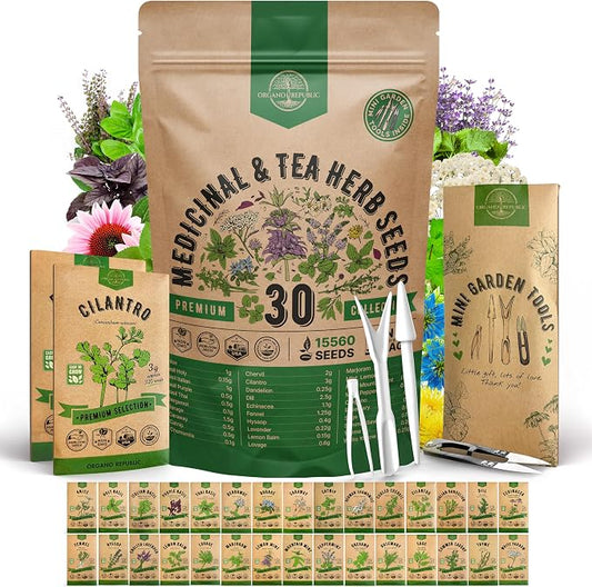 Organo Republic 30 Medicinal & Tea Herb Seeds Variety Pack 15,560+ Non-GMO Heirloom Garden Seeds for Indoor & Outdoors, Including Anise, Bergamot, Borage, Cilantro, Chamomile, Dandelion Seeds