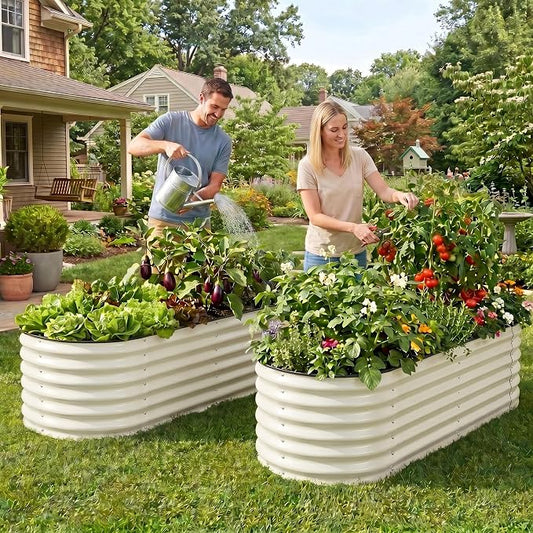 2 Pack 5x2ft Raised Garden Bed for Outdoor Gardening, 17" Tall Planter Raised Beds, 4 in 1 Galvanized Raised Garden Bed for Deep Root Vegetables Flowers Herbs - White