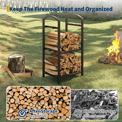 GarveeLife 30 Inch Firewood Rack Outdoor Indoor, High Outdoor Wood Racks for Firewood, Fire Wood Storage with Kindling Hooks, Large Metal Fireplace Log Rack Storage Carrier Organizer, Copper