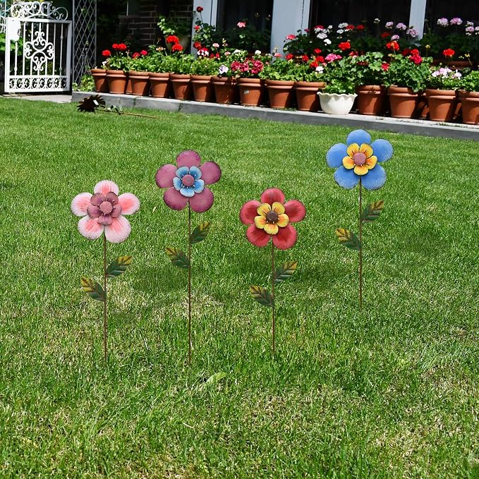 Morning View Metal Flower Garden Stakes Decorative Set of 4 Outdoor Spring Flowers Yard Stake Lawn Ornaments for Patio Planter Pots Outside 16 Inch Tall