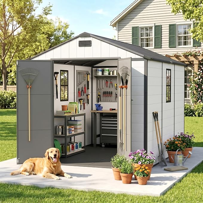 Greesum 8x10FT Resin Outdoor Storage Shed with Floor and Windows, All Weather Plastic Shed with Lockable Door & Vents for Garden, Backyard, Lawn, Light Gray