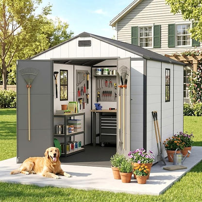 Greesum 8x10FT Resin Outdoor Storage Shed with Floor and Windows, All Weather Plastic Shed with Lockable Door & Vents for Garden, Backyard, Lawn, Light Gray