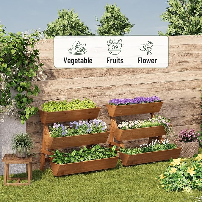 3-Tier Vertical Wooden Raised Garden Bed, Freestanding Garden Planter Box, Wood Flower Rack, Planter Box for Herbs, Vegetables, Outdoor Indoor Use, Large-Brown