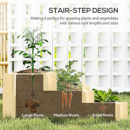 Outsunny 3-Tier Raised Garden Bed with 5 Compartments and Bed Liner, Fir Wood Elevated Planter Box, for Vegetables, Herbs, Outdoor Plants, 37 x 37 x 14in, Natural