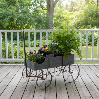 Shine Company Decorative Wagon Garden Planter, Wooden Wagon Yard Décor for Outdoor Plants, Small, Gray