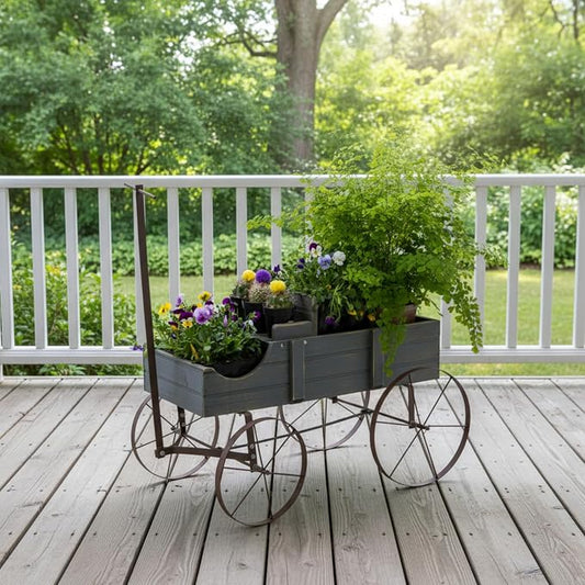 Shine Company Decorative Wagon Garden Planter, Wooden Wagon Yard Décor for Outdoor Plants, Small, Gray