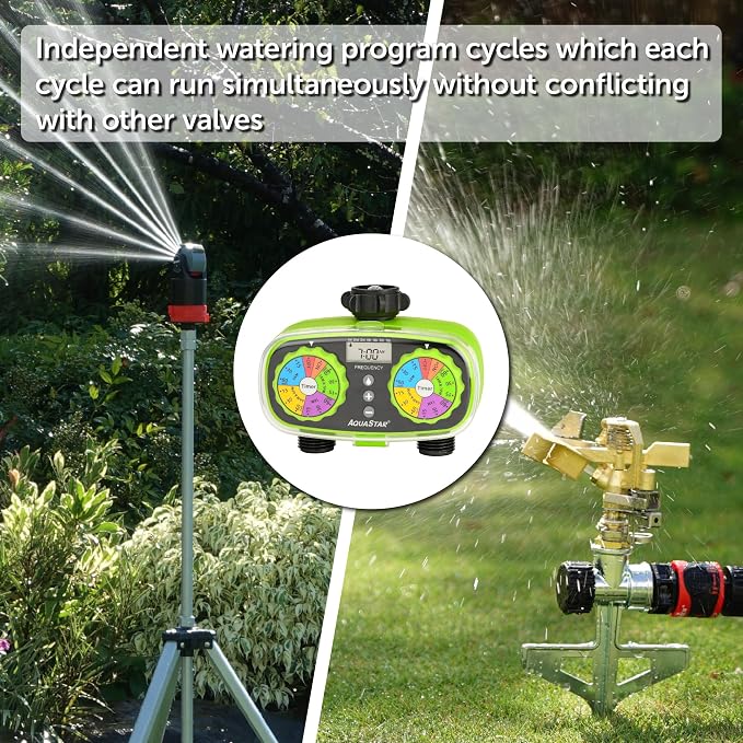 AQUASTAR Two-Zone Hose Watering Timer (Green), Automatic Irrigation for Lawn, Garden, Yard, Two Outlets