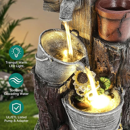 20" 3-Tier Resin Birdhouse Water Fountain with Warm LED Lights | Pastoral Cascading Bucket Water Feature with Soothing Outdoor Fountain for Patio Backyard Garden Porch