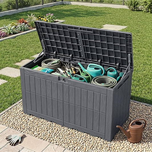 Tangkula 120 Gallon Outdoor Storage Box, Waterproof PP Resin Patio Storage Box with Lockable Lid for Indoor & Outdoor Use, 2-in-1 Rattan Design Deck Box for Cushions, Garden Tools
