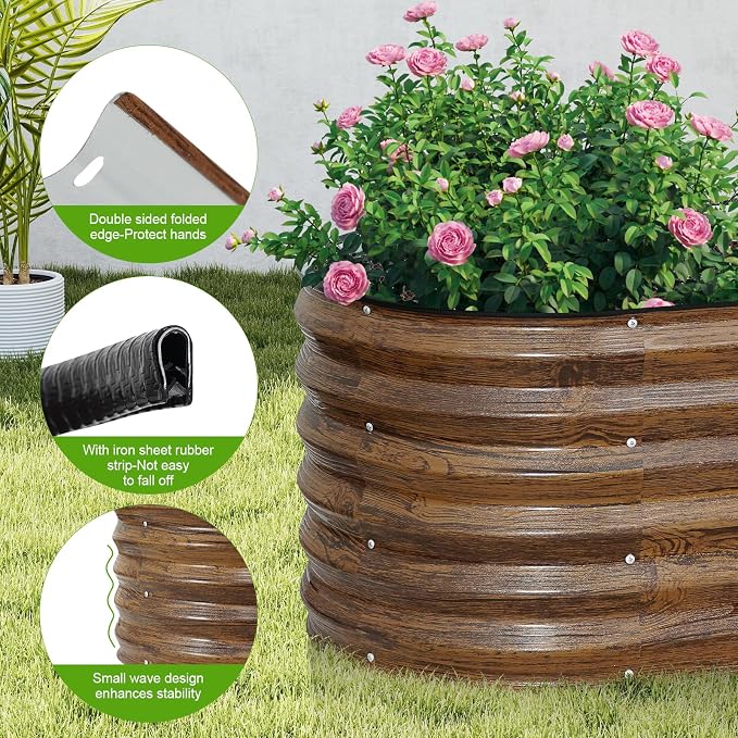 Galvanized Raised Garden Bed Outdoor- 8x2x1.4ft Oval Steel Raised Beds for Gardening, Metal Planter Box with Protective Strip and Gloves for Vegetables, Flowers, Fruits(Brown)