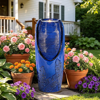 Autodaya 33" Outdoor Fountain with LED Lights, Rich Blue Glaze Ceramic Jar | Decorative Water Fountian with Tropical Leaf Texture, Soothing Water Flow, relaxing focal point for Patio Yard Porch oasis