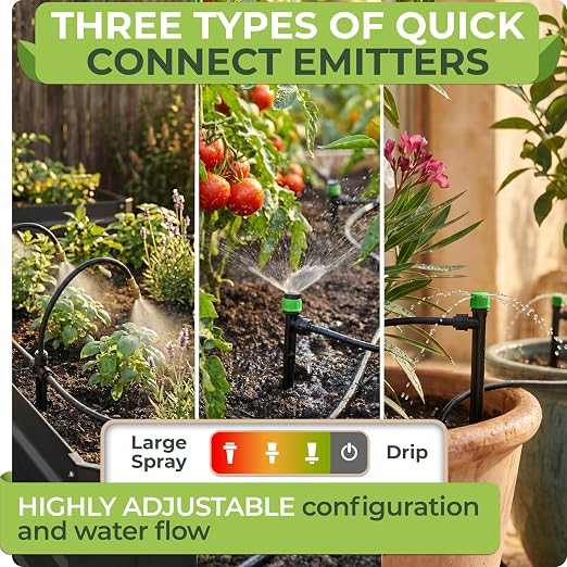 CARPATHEN Drip Irrigation System Kit - Pressure Optimised Garden Watering System w 15pcs 360° Atomizing Nozzles, 16 Adjustable Drip Emitters 5/16 and 1/4 Tubing - Complete Watering Spray System