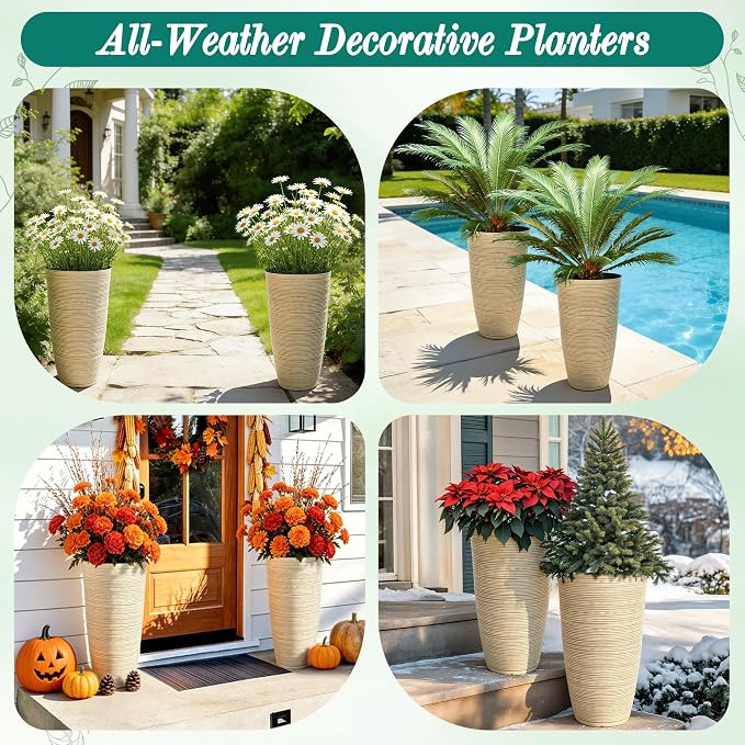 23.5" Ivory Speckled Tall Planters Set of 2 with Drainage Holes | Large Tapered PP Plastic Pots With Vertical Stripe Texture For Indoor and Outdoor Plants, Patio, Garden, Porch, or Entryway
