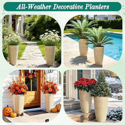 23.5" Ivory Speckled Tall Planters Set of 2 with Drainage Holes | Large Tapered PP Plastic Pots With Vertical Stripe Texture For Indoor and Outdoor Plants, Patio, Garden, Porch, or Entryway