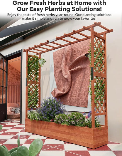 Garvee Raised Garden Bed with Trellis & Hanging Roof, Wood Planter Box with Bottom and Drainage Holes, Freestanding Garden Planter for Flower Vegetable Fruit Herb Climbing Vines, 77“x17“x72“