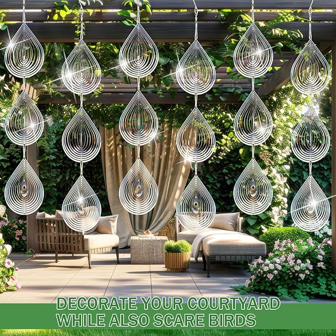 24 pcs Stainless Steel Bird Deterrents for Outside 3D Wind Spinners Outdoor Decor Reflective Bird Scare Discs Devices Deterrents Shiny Metal Reflectors Decor to Keep Woodpeckers Away(Teardrop)