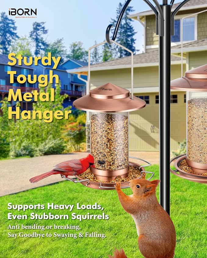 iBorn Bird Feeder Metal Chew-Proof Bird Feeders for Outdoors Hanging Outside for Cardinal, Holds 1.32LB Seed with 3 Perchs, Brushed Copper (Seed is not Included)
