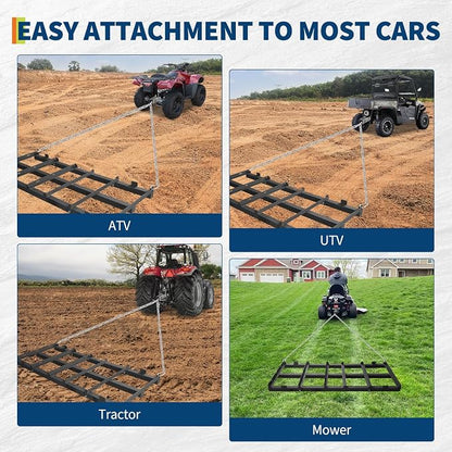 GarveeLife Drag Harrow Lawn Tractor, 4Ft Heavy Duty Driveway Drag with Chain for Gravel, 4 Safety Belts, Tow Behind Lawn Rake for ATV, Farm Field Garden