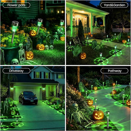 GIGALUMI Green Solar Pathway Lights, 20-Pack Outdoor Halloween Decor | Waterproof LED stainless stakes for yard, garden, driveway, walkway. Green glow creates spooky atmosphere.