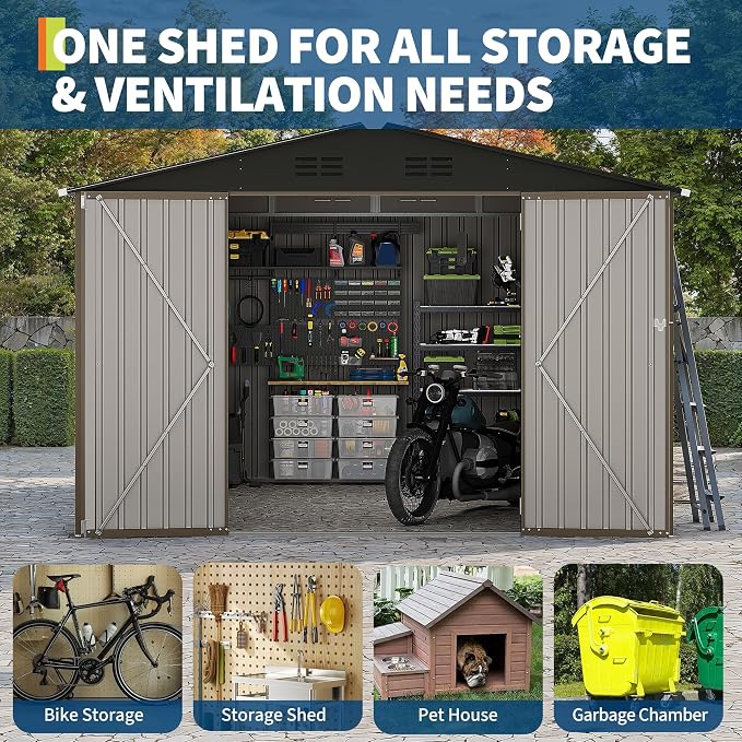 10 X 10 FT Outdoor Storage Shed,Metal Garden Sheds&Outdoor Storage, Lockable Gable Roof Garden Tool Shed, All-Weather Resistant Storage Unit for Bikes, Ladders, Patio Supplies & Garden Essentials