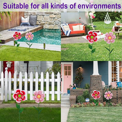 Garden Wind Spinner 2 Pack, Outdoor Metal Flower Stake Decor, Waterproof Kinetic Sculptures for Backyard Flower Bed, Spring Gardening Gifts for Mom (Red/Pink)